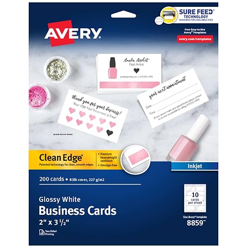 Avery Clean Edge Business Cards, 2" x 3.5", 200 Cards | Laser/Inkjet Printable, Template 8859, DIY Loyalty, Reward & Appointment Cards, Rectangle, Clean Edge, Glossy White (front)