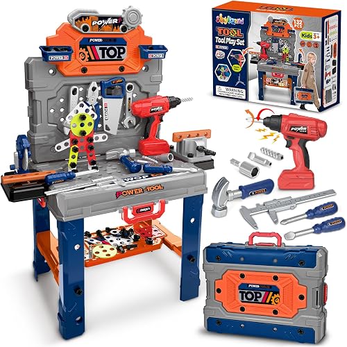Kids Tool Bench with Electric Drill, Toddler Tool Set for Boys Ages 3-5 6-8 | 132 Pcs Kids Tool Set with Toddler Tool Box & Tool Bench, Christmas Birthday Gifts Toys for Boys Ages 3 4 5 6 7 8+ (Orange)