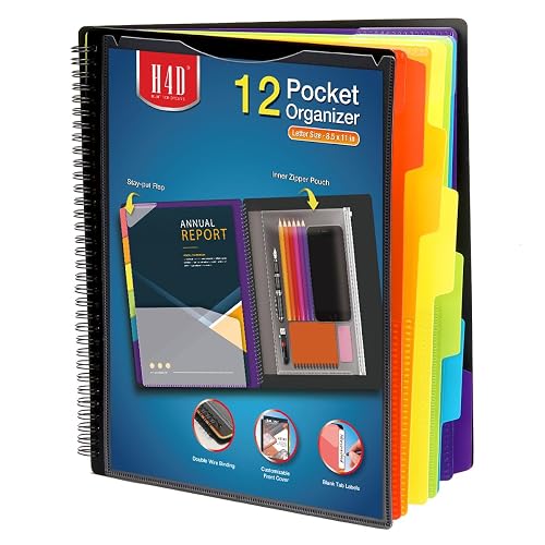 H4D 12 Pocket Poly Project Organizer, Multi Pocket Folder, Primary Colors | Spiral, Multi-Subject, Letter Size