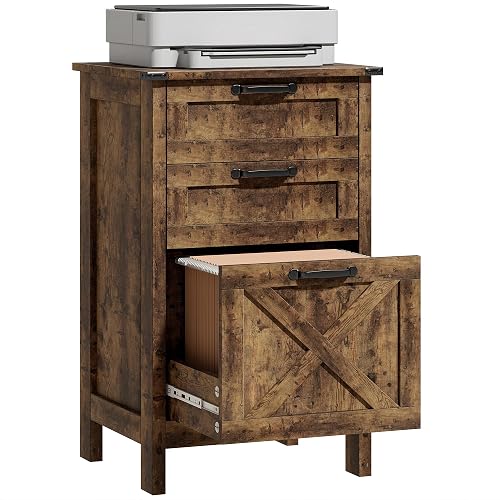 HOMCOM 3 Drawer File Cabinet Printer Stand Silent Slides Rustic Brown | Vertical Filing Cabinet for Hanging A4/Letter Size, Rustic Farmhouse Printer Stand with Storage, Home Office