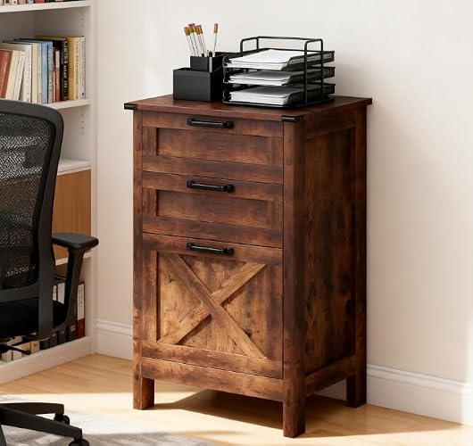 Hanuq Rustic Farmhouse 3-Drawer File Cabinet, Wooden Vertical Filing Cabinet with Barn Door, Anti-Tip Design, Printer Stand for Home Office