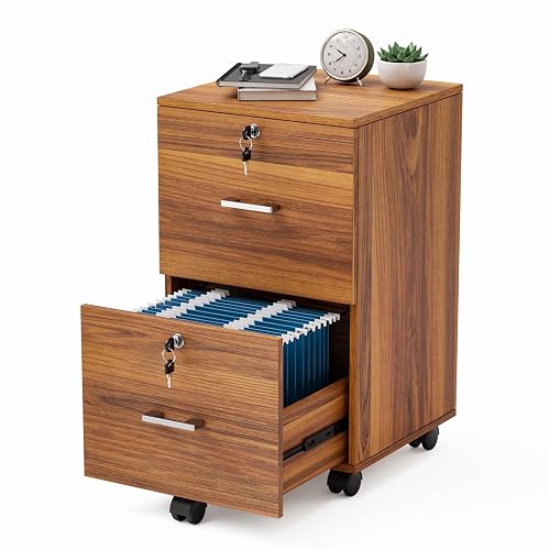 VINGLI 2-Drawer Rolling File Cabinet with Lock, Wood Mobile File Organization for Hanging Letter Size Filings Under Desk Filing Cabinets for Home Office, Assembly Required, Classic Walnut, 26.5" H