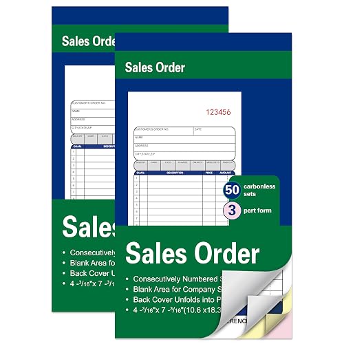 2 Pack Sales Order Books,3-Part Carbonless,4-3/16 x 7-3/16 Inches,50 Sets | White/Canary/Pink,Enterprise Company Sales Order Forms & Receipts,for Work Orders,Service Reports,Business Invoices & Records