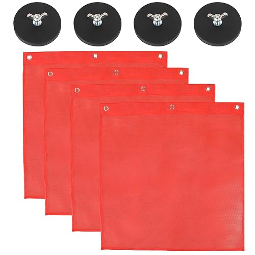 4 Pack Magnetic Safety Flags for Trucks, 18"x18" Warning Flag with Magnets | Red Flag for Truck Loads with Grommet and Round Magnets, Mesh Bright Red High-Vis, Boosts Safety for Heavy & Oversize Loads