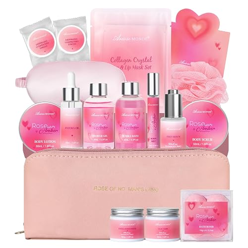 Mothers Day Birthday Gifts for Women, Bath & Body Facial Skincare Gift Set | 21Pcs Self Care Rose Amber Spa Gift Baskets , Relaxing Home Spa Kit for Mom Her Friend Sister Wife Girlfriend