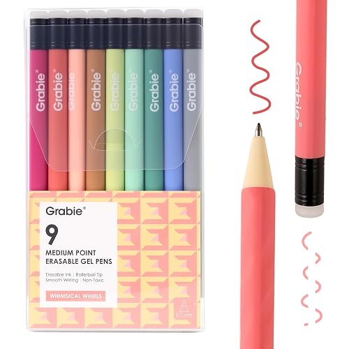 Grabie Erasable Gel Pens, 9 Color 0.7 mm Pens, Whimsical Whirls | Heat-Sensitive Gel Ink, Clean Erasing, Smooth Writing, Twist-up Design, Drawing, Journaling, Planner, School And Office