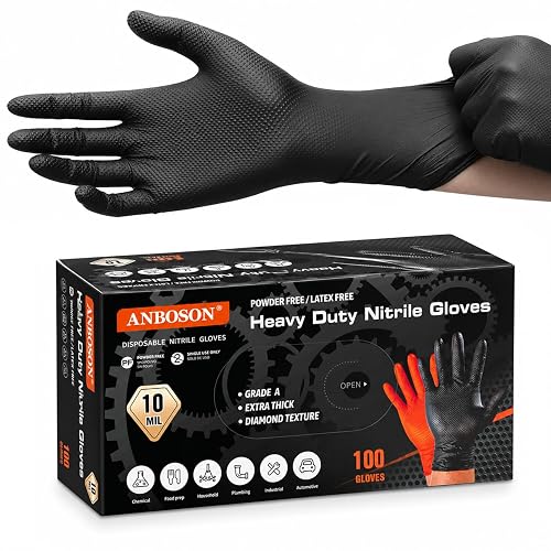 ANBOSON 10 Mil Heavy Duty Diamond Texture Nitrile Gloves, X-Large, 100 Ct | Durable+, Oil Proof, Chemical Resistant, Industrial Work, Automotive Repair, Mechanics, Rubber Gloves Alternative