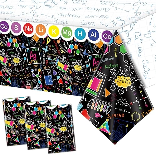 Jecery 3 Pcs Science Tablecloth Plastic Party Decorations, 3 Pcs | Rectangular 51 X 87 Inch Cover, Lab Theme Birthday Decor, Dark with Colorful Elements, Disposable Easy Cleanup