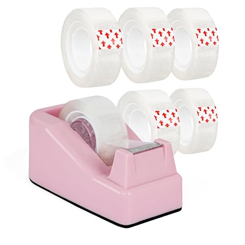 Desktop Tape Dispenser Pink,Weighted Nonskid Base,Includes 6 Rolls of Tape | [ Transparent Tape (0.71 Inch x 1000 inches Each) ]