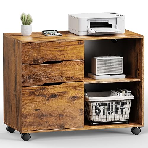 DUMOS File Cabinet with 3 Drawers, Wood Under Desk Storage Printer Stand | Rolling Lateral Filing Cabinet with Adjustable Shelves for Home Office Study Organization,Rustic
