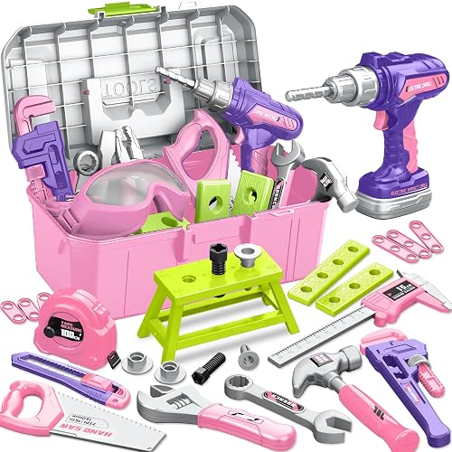 Kids Tool Set with Tool Box Electronic Toy Drill, Toddler Tool Set for Girl | Construction Tools for Kids Ages 3 4 5 6 7 8, 46 Pcs Tool kit for Christmas & Birthday Gifts for Boys Girls, Pink