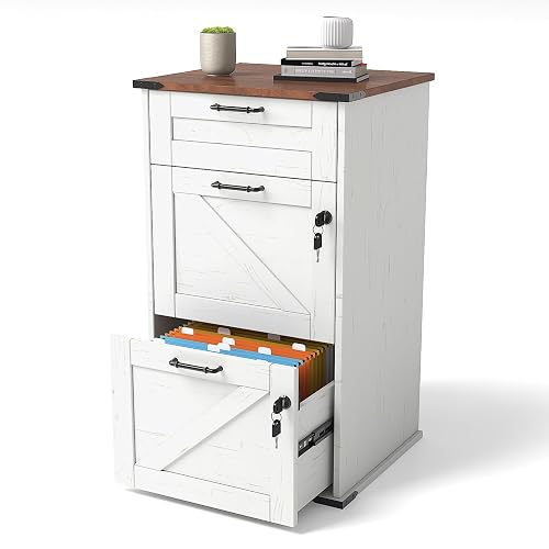 VINGLI 3 Drawer File Cabinet with Lock, Home Office Filing Organizer, for Letter Size File Folder Storage, Modern Farmhouse Style, Wood Vertical Filing Cabinet, Archivador (Rustic White & Brown)