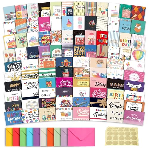 100 Unique Birthday Cards with Envelopes - Assorted Happy Birthday Cards, 4 x 6 inches, Envelopes & Stickers in Bulk Boxed Set