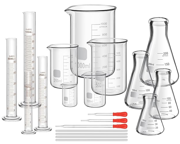Frienda 20 Pcs 50/100/250/500/1000ml Lab Glassware Beaker Set | Laboratory Equipment, Glass Measuring Beaker, Graduated Measuring Cylinder with Stirring Rod for Science Chemistry Supplies