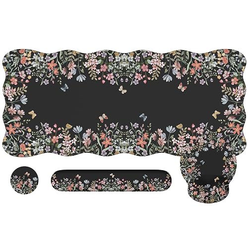 iCasso Mouse Pad with Wrist Rest, 35.4"x15.7" Desk Pad Mat Set, Black | Large Floral Desk Pad with Ergonomic Mouse Pad, Memory Foam Keyboard Wrist Support & Coaster, Cute Desk Accessories for Women