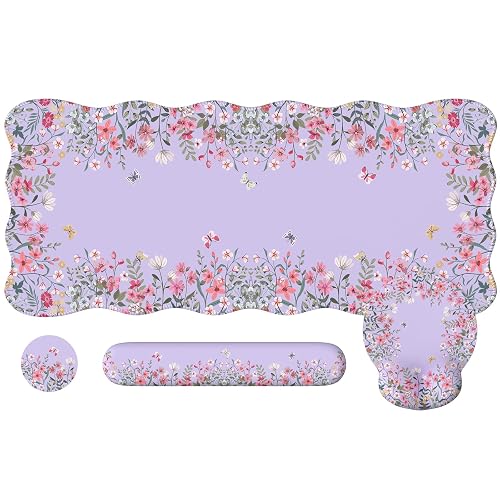 iCasso Mouse Pad with Wrist Rest, 35.4"x15.7" Desk Pad Mat Set, Purple | Large Floral Desk Pad with Ergonomic Mouse Pad, Memory Foam Keyboard Wrist Support & Coaster, Cute Desk Accessories for Women