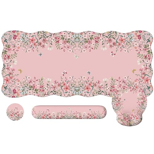 iCasso Mouse Pad with Wrist Rest, 35.4"x15.7" Desk Pad Mat Set, Pink | Large Floral Desk Pad with Ergonomic Mouse Pad, Memory Foam Keyboard Wrist Support & Coaster, Cute Desk Accessories for Women