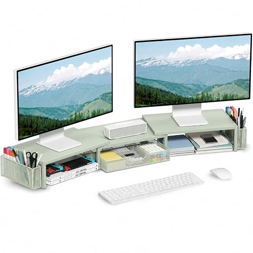 OPNICE Desk Organizers and Accessories, Dual Monitor Stand Riser | with Drawer & 2 Pen Holders, All-Metal Desk Shelf Computer Racks for Office Workspace Organizers (Sage Green)