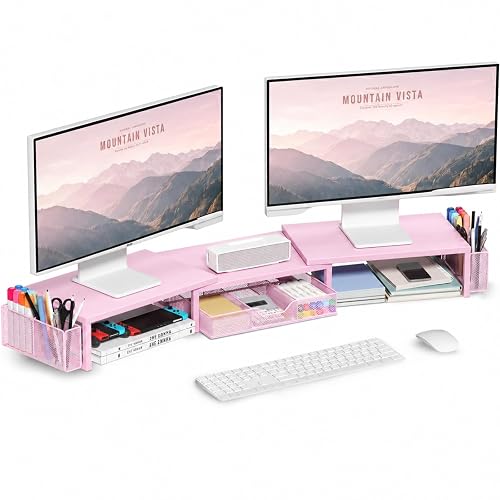 OPNICE Desk Organizers and Accessories, Dual Monitor Stand Riser | with Drawer & 2 Pen Holders, All-Metal Desk Shelf Computer Racks for Office Workspace Organizers, Desktop Organization (Pink)