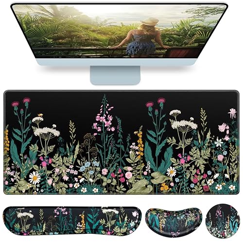Desk Mat, Large Gaming Mouse Pad with Wrist Rest, 4in1 XXL Mousepad Floral | Keyboard Wrist Rest+Mouse Pad Wrist Support+Cup Coaster Set Ergonomic Computer Desk Arm Wrist for Decor Home Office Women