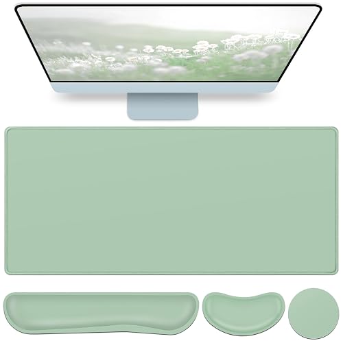 Desk Mat Green, Large Gaming Mouse Pad with Wrist Rest, 4in1 XXL | Mousepad+Keyboard Wrist Rest+Mouse Pad Wrist Support+Cup Coaster Set Ergonomic Computer Desk Arm Wrist for Decor