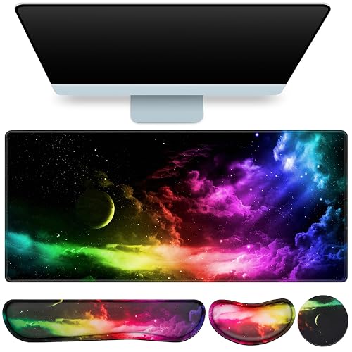 Desk Mat, Large Gaming Mouse Pad with Wrist Rest, 4in1 XXL Mousepad+Keyboard Wrist Rest+Mouse Pad Wrist Support+Cup Coaster Set Ergonomic Computer Desk Arm Wrist for Decor Home Office Women