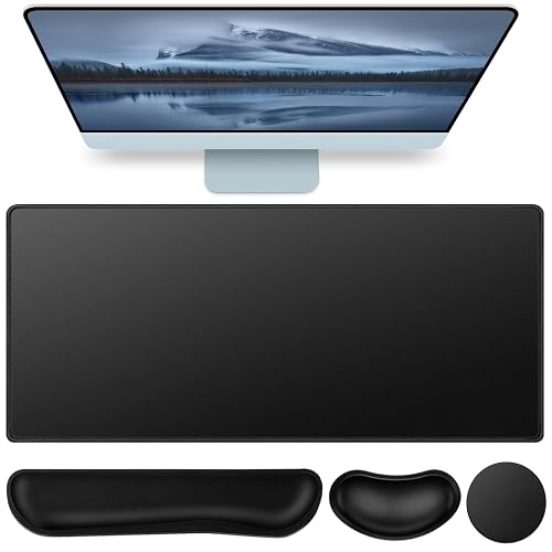 Mouse Pad Black, Mouse Pad with Wrist Rest, 4-in-1 Large Mousepad Keyboard | Wrist Rest+Mouse Pad Wrist Support+Cup Pad Set,Ergonomic Anti-Slip,Memory Foam Desk Mat for Home Office Gaming(35.4×15.7in)