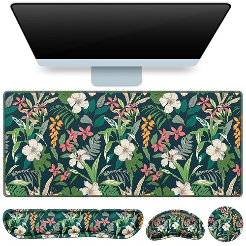 Desk Mat Floral, Large Gaming Mouse Pad with Wrist Rest, 4in1 XXL | Mousepad+Keyboard Wrist Rest+Mouse Pad Wrist Support+Cup Coaster Set Ergonomic Computer Desk Arm Wrist for Decor Office Women