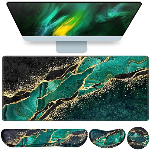 Mouse Pad Green, Desk Mat, Large Gaming Mouse Pad with Wrist Rest 4in1 XXL | Mousepad Keyboard Wrist Rest+Mouse Pad Wrist Support+Cup Coaster Set Ergonomic Computer Desk Pad for Decor Office