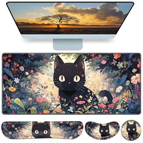 4-in-1 Mouse Pad Anime, Mouse Pad with Wrist Rest, | XXL Large Desk Mat Kawaii Mousepad with Gel Wrist Support Keyboard Wrists Rest Coaster, Ergonomic Gaming Cat Desk Pad