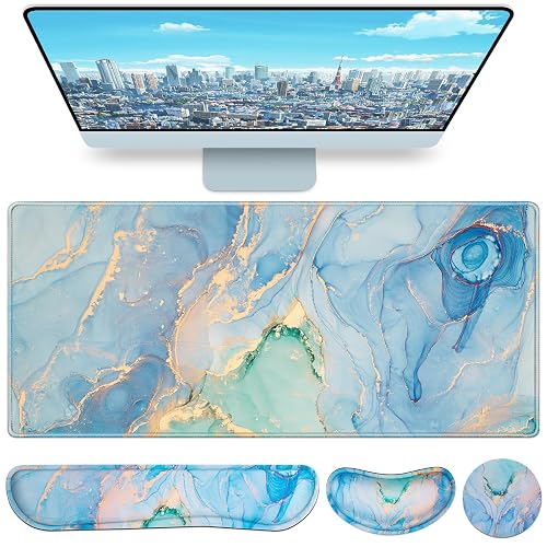 4 in1 Desk Mat Blue, Large Gaming Mouse Pad with Wrist Rest, | XXL Mousepad+Keyboard Wrist Rest+Mouse Pad Wrist Support+Cup Coaster Ergonomic Computer Desk Arm Wrist for Decor Office Women