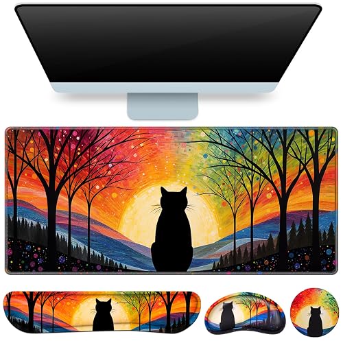 Mouse Pad with Wrist Rest Black Cat, 4-in-1 Large Mousepad Keyboard | Wrist Rest+Mouse Pad Wrist Support+Cup Pad Set,Ergonomic Mousepad,Memory Foam Desk Mat for Home Office Gaming(35.4×15.7in)