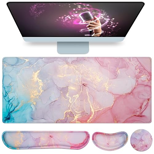 Mouse Pad Pink, Mouse Pad with Wrist Rest, 4-in-1 XXL Extended Large Desk | Mat Mousepad with Gel Wrist Support+Keyboard Wrist Rest+Coaster,Ergonomic Desk Pad for Study Gaming Home Office Computer