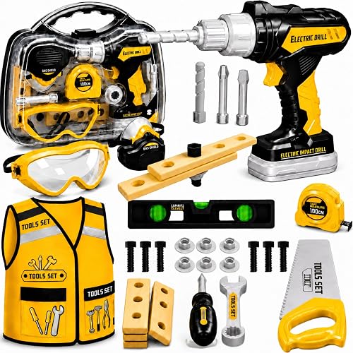 Kids Tool Set with Carrying Case, Electronic Toy Drill with Bits & Construction Vest – Pretend Play Kit with Safety Googles, Gas Shield, Tape Measure, Saw, Bubble Level, Screwdriver, Nuts & Bolts