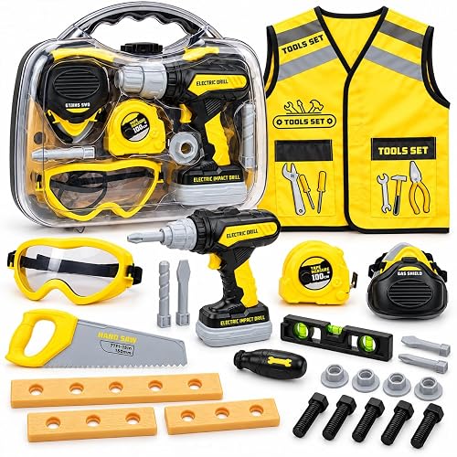 Kids Tool Set with Electric Toy Drill, Carrying Case & Construction Vest, Pretend Play Tool Kit with Safety Goggles, Toy Tools & Accessories, Construction Toys for Kids Ages 3+