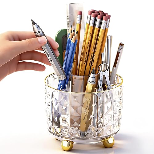 GOTOBA 360° Rotating Pencil Holder for Desk, Makeup Brush Holder with 6 Slots, Desk Organizer for Writing Utensil, Office and School Supplies (Transparent)