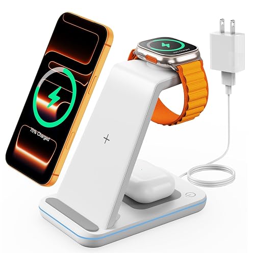 GEEKERA 3 in 1 Wireless Charging Station for Apple, Fast Wireless Charger Stand Dock for iPhone 17 16 15 14 13 12 11 Pro Max Plus XR XS X, Apple Watch Ultra/11/10/9/SE/8/7/6/5/4/3/2, AirPods Pro/4/3/2
