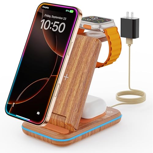 Wireless Charging Station: GEEKERA 3 in 1 Foldable Wireless Charger Stand for iPhone 17/16/15/14/13/12/11/Pro Max/X/8, Charging Station for Apple Watch Ultra/SE/11/10/9/8/7/6/5/4, AirPods 4/3/2/Pro