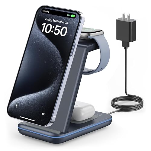 GEEKERA Wireless Charger, 3 in 1 Wireless Charging Station for iPhone Air/17/16/15/14/13/12/11/Pro Max/X/8, Phone and Watch Charger Stand for Apple Watch Ultra 3-2/11-2/SE, AirPods Pro/4/3/2, gunmetal