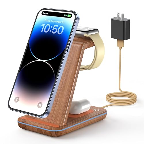 GEEKERA Wireless Charger, 3 in 1 Wireless Charging Station for iPhone Air/17/16/15/14/13/12/11, Phone and Watch Charger Stand for Apple Watch Ultra 3-2/11-2/SE, AirPods Pro/4/3/2, Dark Wood