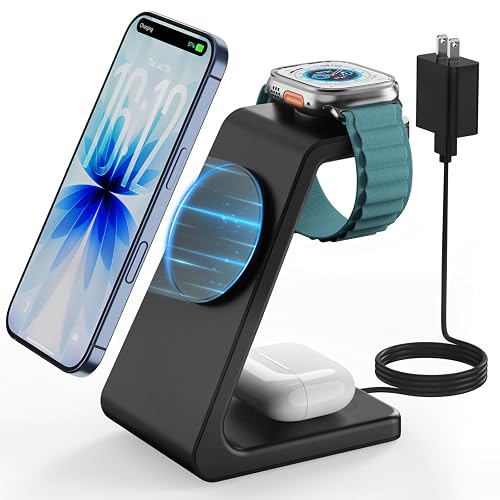Magsafe Wireless Charging Station for iPhone: 3 in 1 15W Magnetic Portable Desktop Charging Station for iPhone17/16/15/14/13/12 Series, Apple Watch, AirPods 4/3/2/Pro