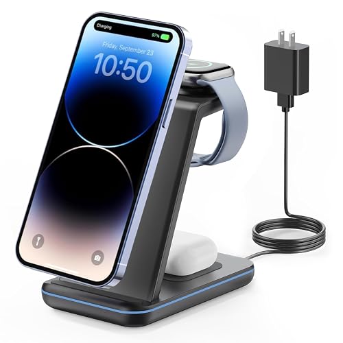 GEEKERA 3-in-1 Wireless Charging Station for iPhone, Watch & AirPods | Wireless Charger Stand for iPhone 8-17, Apple Watch 2-11, AirPods Pro/4/3/2, Charging Dock for Office or Nightstand