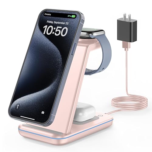 GEEKERA Wireless Charger, 3 in 1 Wireless Charging Station for iPhone Air/17/16/15/14/13/12/11/Pro Max/X/8, Phone and Watch Charger Stand for Apple Watch Ultra 3-2/11-2/SE, AirPods Pro/4/3/2, Pink
