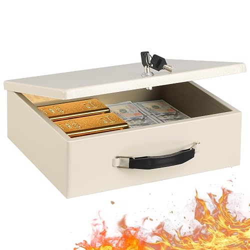KYODOLED Fireproof Document Box with Key Lock, Safe Storage Box for Valuables, Fire Resistance Security, Fireproof Lock Box for Passport, Cash, Tablet 13.2'' x 11'' x 4.13'' Beige