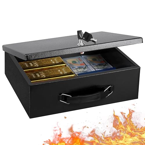 KYODOLED Fireproof Document Box with Key Lock, Large Safe Storage Box for Valuables, Fire Resistance Security Chest, Lock Box for Passport, Cash, Tablet 13.2'' x 11'' x 4.13'' Black