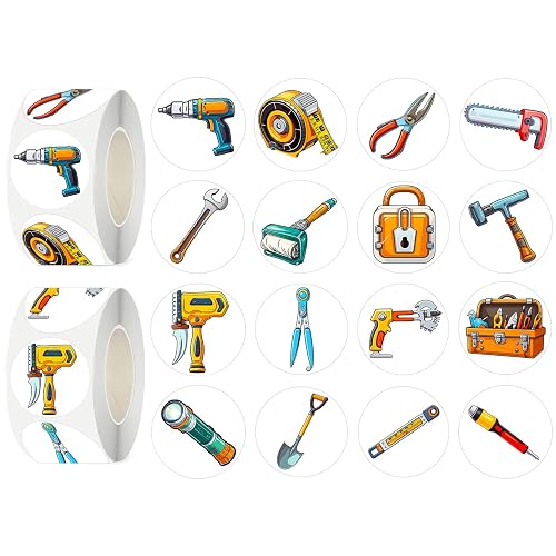 UVUXO 600 Pcs Tool Stickers for Kids- 1.5 Inch Round Stickers Roll 16 Tyles Construction tools Kindergarten Sticker Teacher Sticker for Kids Birthday Party School Reward Giveaways