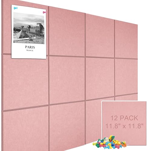48" x 36" Large Felt Bulletin Board & Cork Board Alternative, Pink | 12 Pack Removable Felt Wall Tiles with 30 pushpins, 60 Safe Adhesive Tabs, Pin Boards for Wall Decor, Home ,Office, Classroom