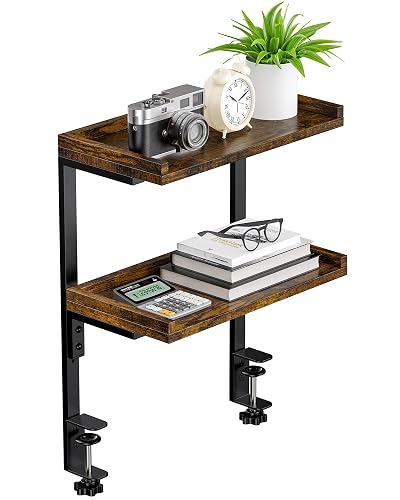 ART-GIFTREE Clamp On Desk Shelf 2-Tier, 12.6 inche Wood Shelving Unit for Office Desk/Gaming Accessories, Tabletop Book Storage Rack, Shelf for Top & Under of Desk, Brown