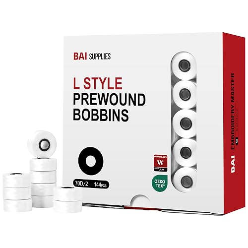 BAI Magnetic Prewound Embroidery Bobbins Style L 144pcs White Magnetic Core | 60WT (70D/2) Polyester Bobbin Thread with Magnetic Core for Commercial Multi-Needle Embroidery Machines