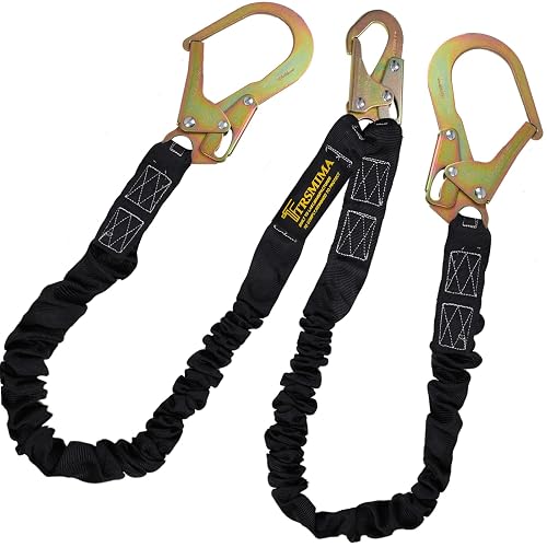 TRSMIMA Safety Harness Lanyard Retractable - Shock Absorbing Lanyard 6ft | Fall Protection 6 FT Double Leg Internal Shock Absorbing with Rebar & Snap Hook